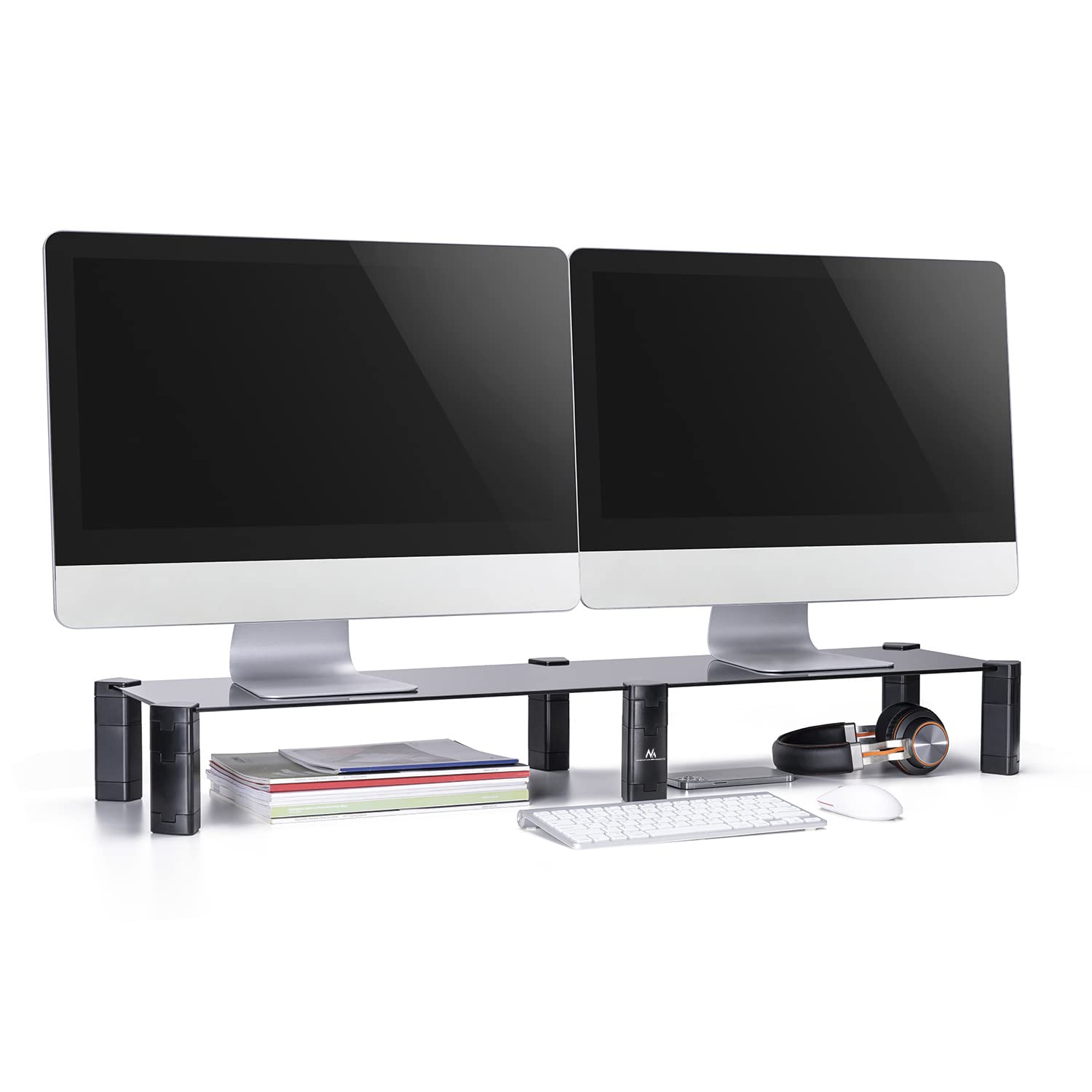 Maclean MC-936 Supporto per due monitor Rialzo, max. 20 kg, vetro temperato, (1029x285x127 mm), Altezza regolabile a 4 Livelli