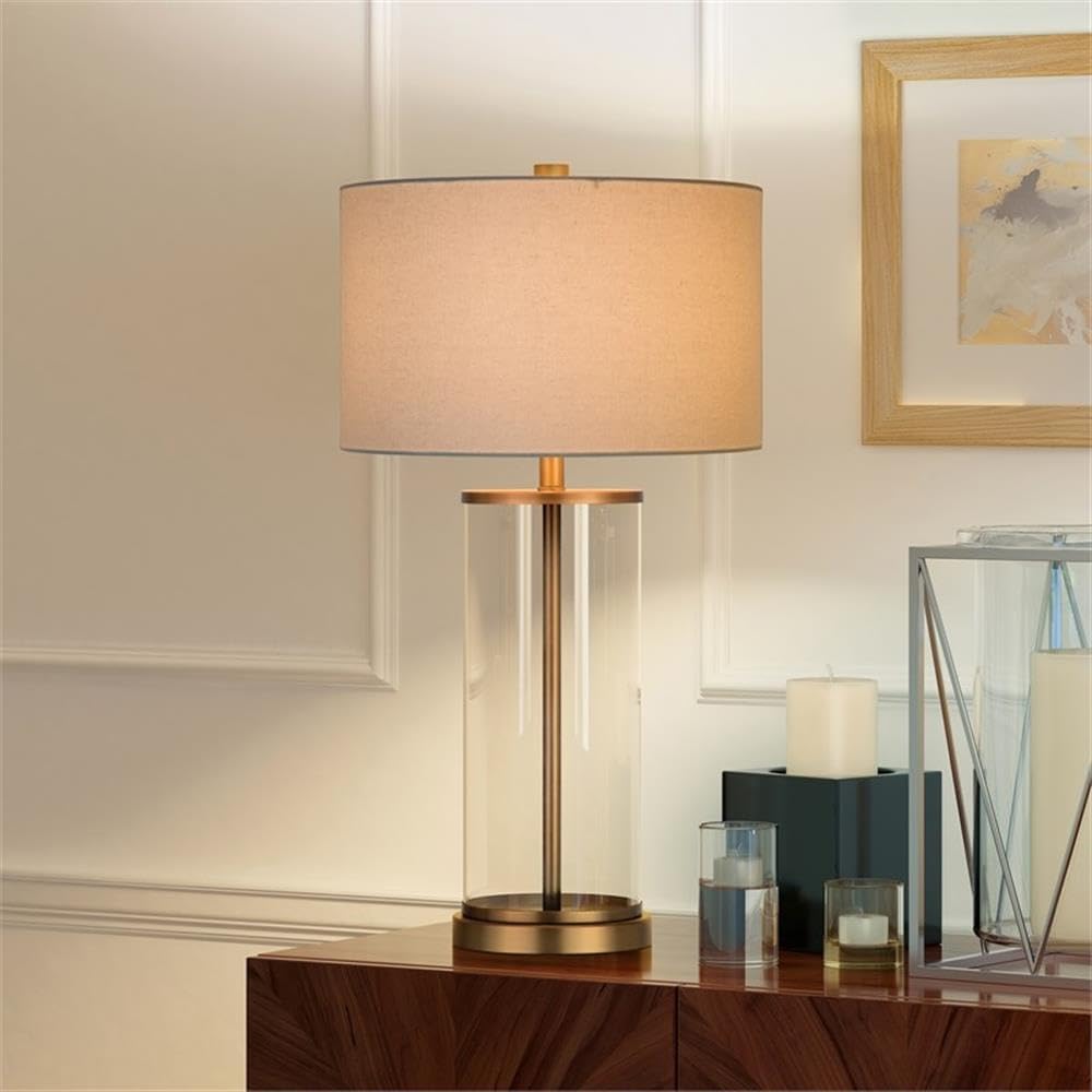 Pemberly Row 28" Classic Glass Table Lamp, Antique Brass Finish, Drum Shade, White Linen Material, Contemporary Mid-Century Design, Ideal for Living Room, Bedroom, Office or Study