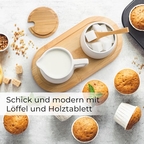 MIAMIO - Milch und Zucker Set mit Deckel und Löffel/Keramik Milchkännchen mit Holz Tablett - Mikrowellen- und Spülmaschinenfest (Weiß)
