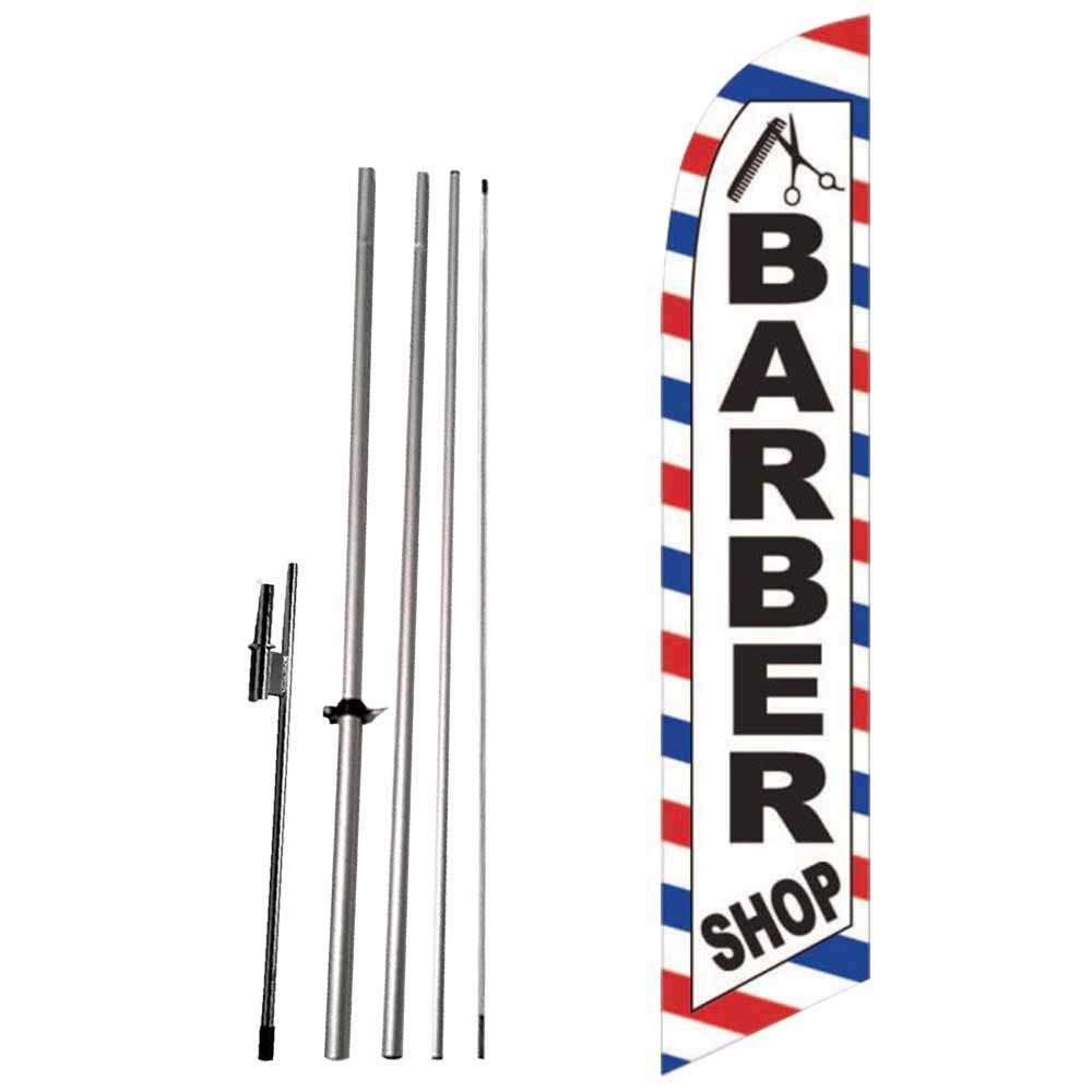 Barber Shop (White) Feather Flag Eye Catching Banner Sign for Business and Marketing Complete Set with 15 ft Pole Kit and Ground Spike