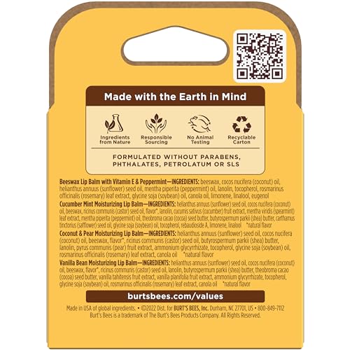 Burt's Bees 100% Natural Moisturizing Lip Balm, Multipack - Original Beeswax, Cucumber Mint, Coconut & Pear and Vanilla Bean with Beeswax & Fruit Extracts - 4 Tubes - image 8