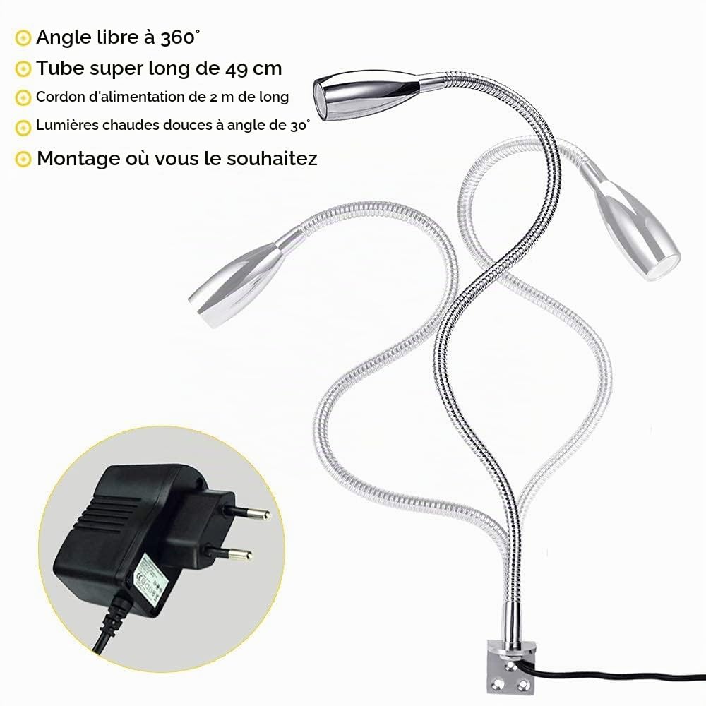Lampe de lecture à LED,lampe de chevet,2 pièces en applique sur mur,bureau,bibliothèque,200lumens/3000k/3w/110-240V AC,angle de faisceau:30°,longueur du col:49cm,cordon d'alimentation:2m,blanc chaud