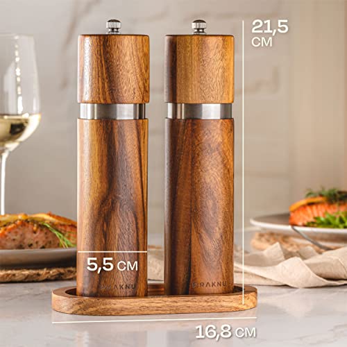 Salt and Pepper Mill Set with Tray - Made from FSC Acacia Wood - Durable Ceramic Grinder - Plastic-Free