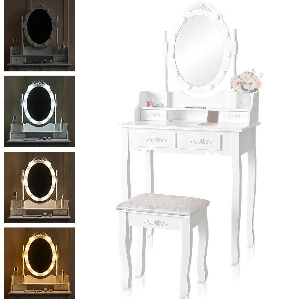 Shally Dogan Toeletta Trucco con Sgabello Modello Elena con 10 Lampade Led, Specchiera con Tavolo e Cassetti in Legno Bianco, Seduta Comoda Imbottita, Specchio Postazione Make Up, Luce Fredda e Calda