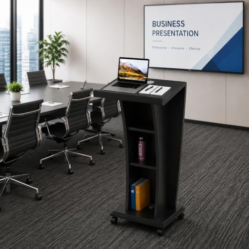 MOFGOE Mobile Podium Stand, Lectern Wooden with 3-Tier Storage, 114 cm Height, Portable Church Pulpit Stand for Office, Classroom, Host Reception, Stage and Christian Worship