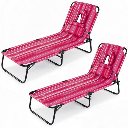 GYMAX Tanning Chair, Folding Lounge Chairs with Face Hole & Cover, Removable Pillow Carry Handle, Portable Compact Outdoor Layout Recliner for Beach, Poolside, Lawn, Patio, Camping (Pink Stripe,2)