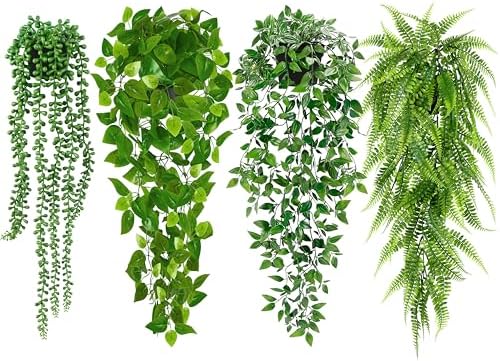 Palonu Artificial Hanging Plants for Shelf, 4 Pack Fake Potted Gr...