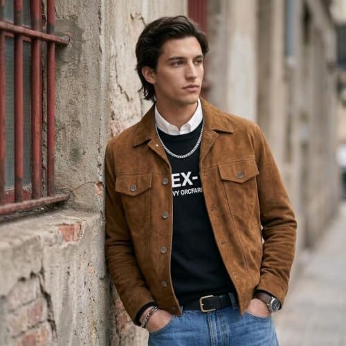 Image of Premium Brown Suede Trucker Leather Jacket Mens | Shirt Collar, Button Front, Chest Flap Pockets, Cuff Buttons, Waist Tab Adjusters, Polyester Lined, Inside Pocket