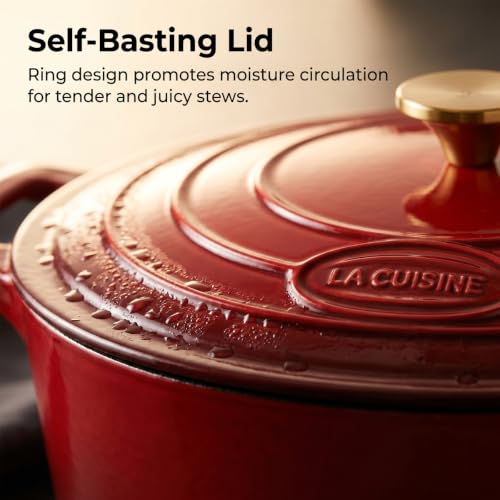 Image of La Cuisine Enameled Cast Iron Oval Dutch Oven Casserole Dish Pot with Lid 5 QT Internal Matt Black Enamel Coating, Cranberry, Gold-Plated Stainless Steel Lid Handle, Oven Safe