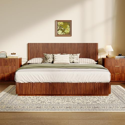KEIKI King LED Platform Bed Frame, Wooden Corrugated Curved Headboard with Convex Groove Design, Sturdy Metal Support, No Box Spring Required, Walnut