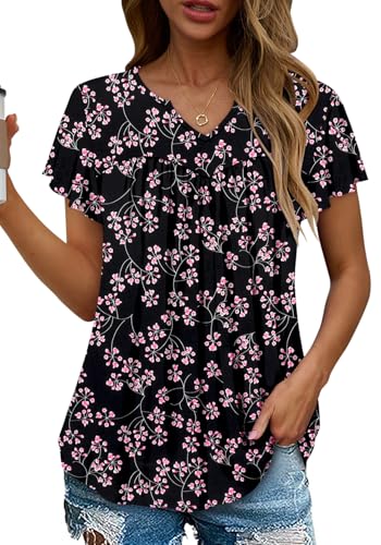 KISSMODA Tops for Womens Summer Cute Short Sleeve Shirts Trendy Notched Neck Blouses Casual Loose Pleated Tunics S-3Xl