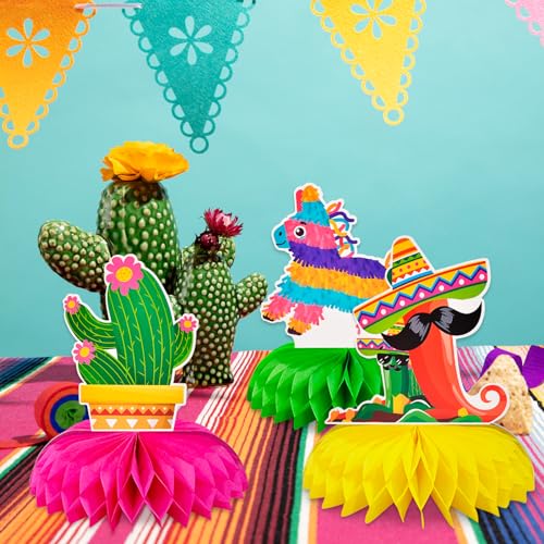 Image of 9 Pieces Cinco de Mayo Festival Honeycomb Centerpieces Table Decor, Mexican Fiesta Vibrant Cactus, Pinata, Taco and Sombrero Pattern Table Topper Ornaments Signs, Holiday Party Decorations