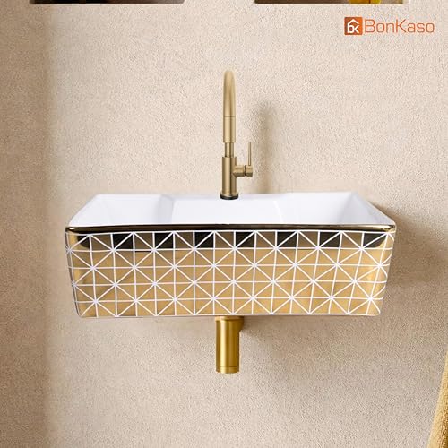 Image of Bonkaso ALTO 1005 Designer Ceramic Table Top Wash Basin | White & Gold Checked Rectangular Countertop Vanity Sink | 41 x 30 x 13 cm | Premium Glossy Finish Bathroom Basin