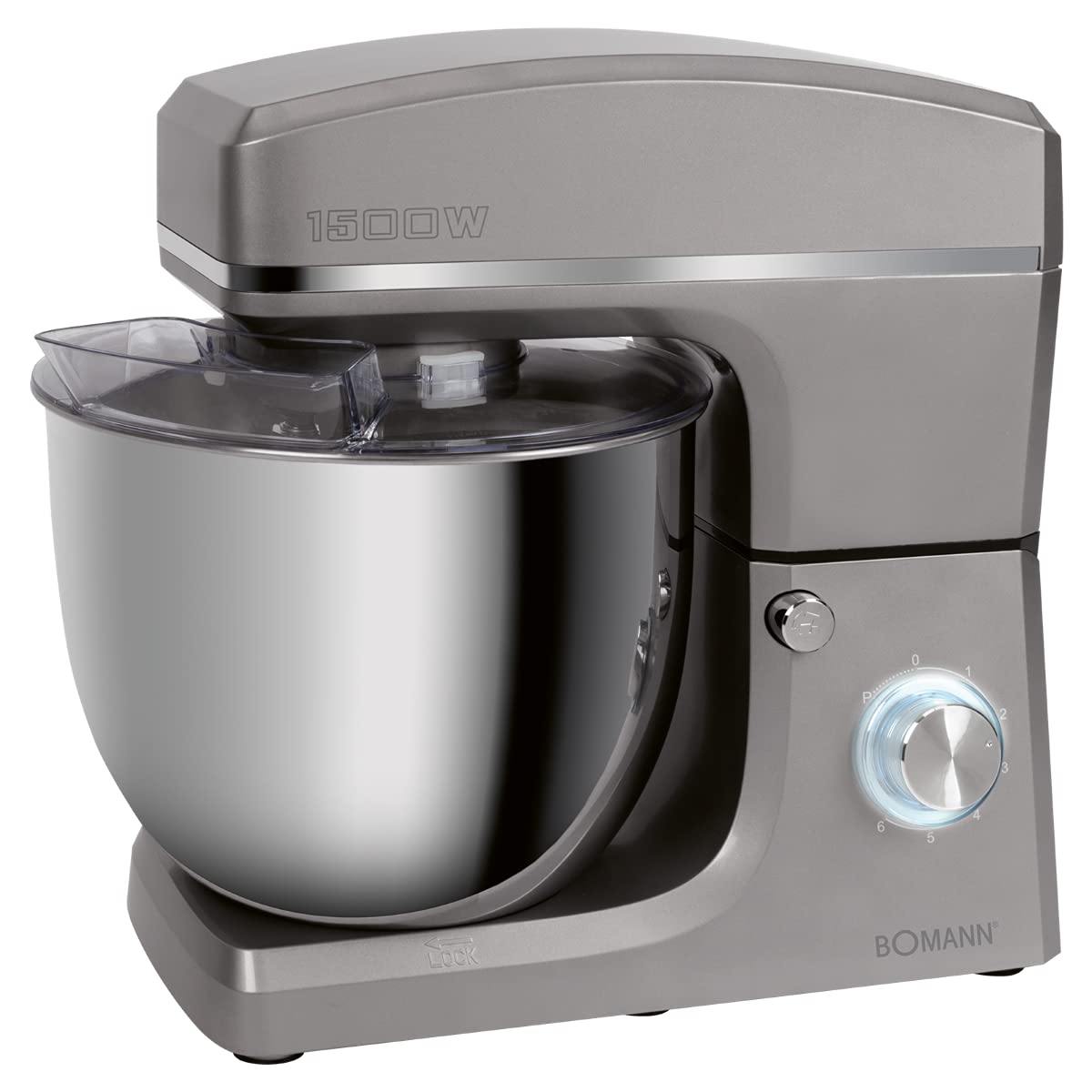 Bomann KM 660361 CB Impastatrice 1500 W, 8 velocità, ciotola in acciaio inox da 10 litri, portata max. 6-6,5 kg, coperchio paraspruzzi con apertura di ricarica, titanio
