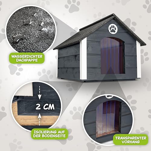 Outentin Hundehütte Outdoor Isoliert - Hundehaus für Mittelgroße Hund - Winterfest und Wetterfest - Hunde Haus für Draußen mit schrägem Dach - Stabile Villa und Moderne Design - 76 x 60 x 60cm-Grau