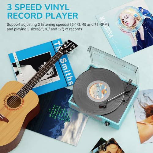Image of Vinyl Record Player with 2 Stereo Speakers Belt-Driven Vintage Turntables 3 Speed 3 Size Wireless Bluetooth Playback AUX-in RCA Out Headphone LP Vinyl Players Auto Stop Sky Blue