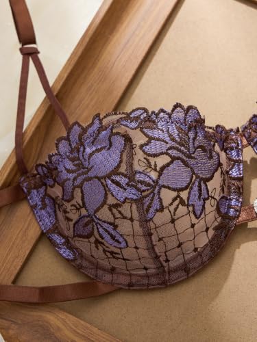 Image of Lilosy Sexy Tie Side Cute Underwire Push Up Strappy Embroidered Mesh Sheer Lingerie Set