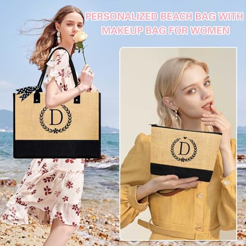 Image of GhvyenntteS Personalized Tote Bags for Women - Initial Jute Tote Bag & Makeup Bag, Birthday Gifts for Women Bridal Wife Mom Grandma Teacher Friend