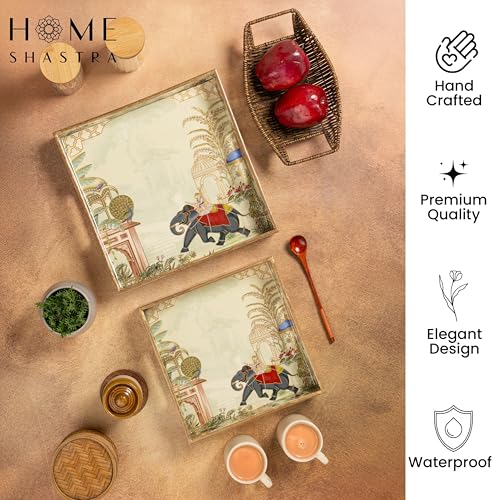 Image of Wooden Serving Tray with Gold Engraving | Set of 2 | Size : 12 x 12 inch & 10 x 10 inch | Enamel Coated Waterproof | Square Trays | Decorative Trays | (Elephant Square Trays Set)