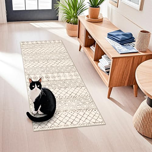 BYYVOO 2x5 Rug Runner Boho Geometric: Washable Hallway Moroccan Runners - Non Slip Low Pile Soft Pets Friendly Rugs for Kitchen Bathroom Bedroom Entryway Laundry 2x5 Geo Beige