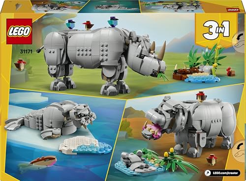 Creator 3 in 1 Animali Selvatici: Maestoso Rinoceronte con Uccelli Giocattolo - Set con Animale Trasformabile in Ippopotamo o Tricheco - Regalo Creativo per Bambine e Bambini da 9 Anni - 31171 - Lego - Immagine 13