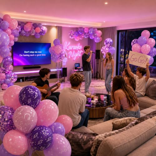 Image of HILAVO Korean Pop Balloons, 12 Inch Metallic Pink Purple Pattern Balloons with Confetti for Girls Korean Idol DH Themed Disco Stage Party Decorations