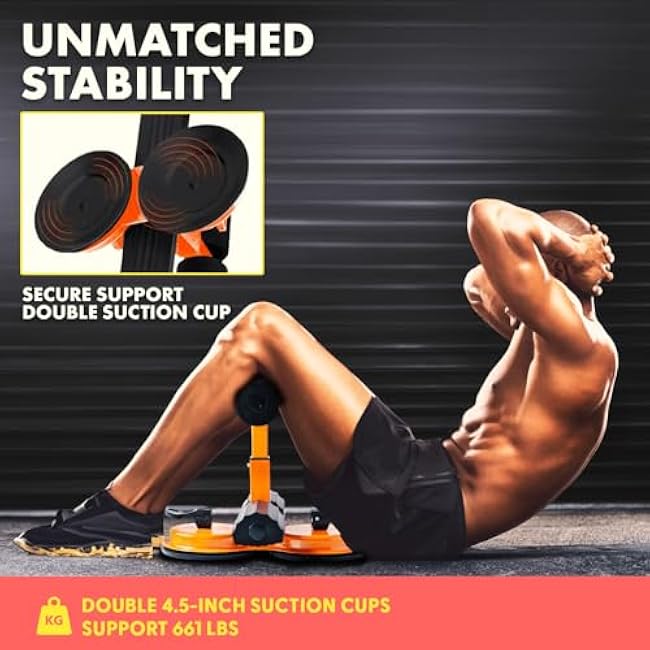 SQUATZ Portable Sit Up Bar Floor Holder with 2 Strong Suction Cups for Abs, Pull Up Bar, Sticky Pad, Adjustable Foot Holder for Thigh, Workout for Office Home Gym for Men and Women, Support 661 lbs