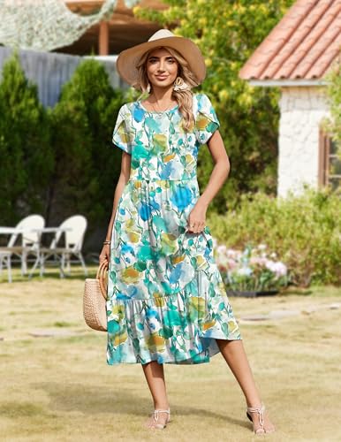 Image of Zeagoo Women Summer Midi A Line Dress Short Sleeve Casual Flowy Tiered Beach Long Sundress with Pockets 2026 Vacation Travel