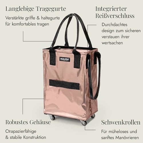 HULKEN - (Klein, Roségold) Wiederverwendbare Einkaufstasche auf Rädern. Der Einkaufswagen trägt bis zu 15 kg, hat robuste Griffe, einen Reißverschluss und ist flach, leicht und zusammenklappbar. – Bild 8