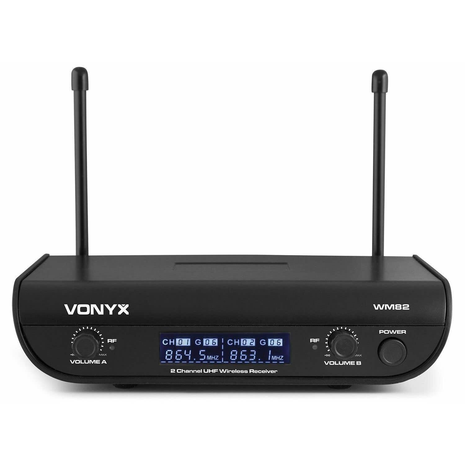 Vonyx WM82 Set de 2 Microphones sans Fil - 2 Canaux, Système UHF 2, Fréquence Fixe, Porté 50m, Double Récepteur, Réglage Volume Indépendant, Valise Transport Fournie