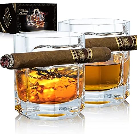 YouYah Cigar Whiskey Glasses with Cigar Holder-Set of 2, Cigar Accessories, Crystal Whisky Glass Set with Indented Cigar Rest for Brandy, Cocktail, Gifts for Men(8.5oz) Cover