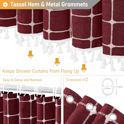 Image of BTTN 78 Inch Long Shower Curtain - Boho Farmhouse Linen Ultra Thick Fabric Shower Curtain Set with Plastic Hooks, Tall Rustic Country Weighted Cloth Shower Curtains for Bathroom - Burgundy - 72x78