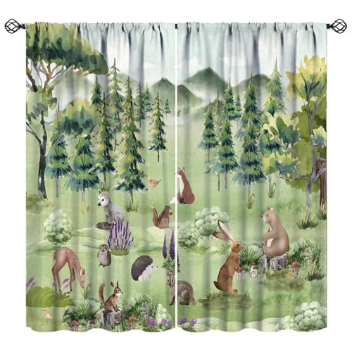 Image of Nitmbi Forest Animal Kids Curtains,Wild Rustic Bear Fox Deer Children Cartoon Pattern Drapes Window 2 Panel Rod Pocket Curtain for Girls Boys Baby Bedroom Nursery Decor 41" W X 45" L 30% Blackout