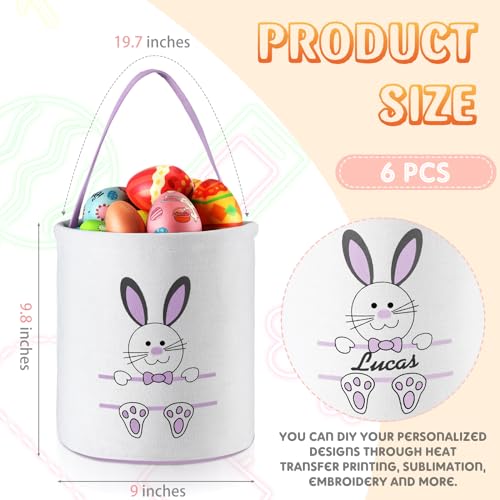Image of Talltalk 6 Pieces Easter Bunny Basket Bulk for Kids Canvas Rabbit Egg Print Bucket Tote Bags for Boys Girls Gifts Egg Hunts Decorations Favors Carry Candy Storage