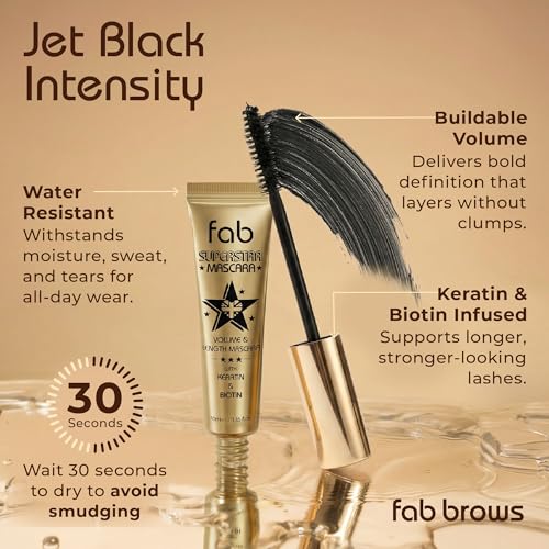 Image of Fab Superstar Mascara: Waterproof Volumizing High Lash Lift Beauty Mascara: Black Liquid Mascarra for Bold Volume and Length - Infused with Keratin and Biotin for Longer, Better Defining Lashes - 10ml