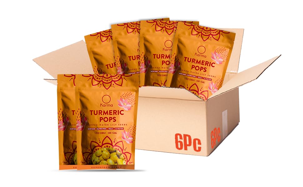 Semillas de lirio de agua infladas con cúrcuma Karma - 3g de proteína, sin gluten, veganas, sin OMG - Aperitivo saludable con especias de cúrcuma