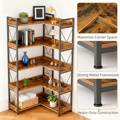Image of HealSmart 5 Tier L Shape Bookshelf, 65 inch Corner Bookcase with Hooks and Edge, Industrial Wooden Bookcase with Open Shelves and Metal Frame for Living Room, Bedroom, Home Office, Kitchen, Brown
