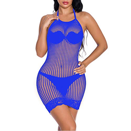 Women Fishnet Lingerie Mini Dress One Piece Fishnet Babydoll Lingerie Plus Size Nightwear Chemise (01 Blue)