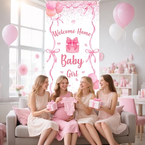 Welcome Home Baby Girl Banner Decorations Pink Bow Baby Shower Decorations Coquette Bow Theme Welcome Baby Door Cover Banner Backdrop for Girls Gender Reveal Baby Shower Party Supplies by TagreSpike - Used condition - Image 4