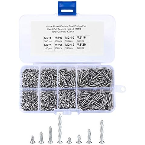 800 Pcs M2 Self Tapping Screws, Small Wood Decking Screws, Tiny Concrete Screws, Cross Drive Flat Head Fastening Screws with Plastic Box for Home DIY - 4/5/6/8/10/12/16/20 mm Cover