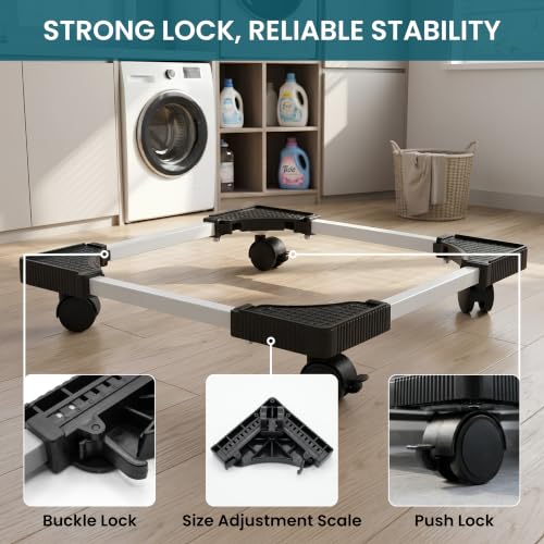 Image of GLOXY Adjustable Fridge Stand with Wheels - Washing Machine Stand with Rotating Wheels & Lock - Heavy Duty Steel Frame Trolley with 7-12 Kg Top /Front Load & Anti-Vibration for Cooler, Dishwasher
