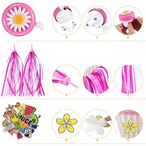Cesta de mimbre blanca y rosa de bici con serpentinas y timbre para niños 5
