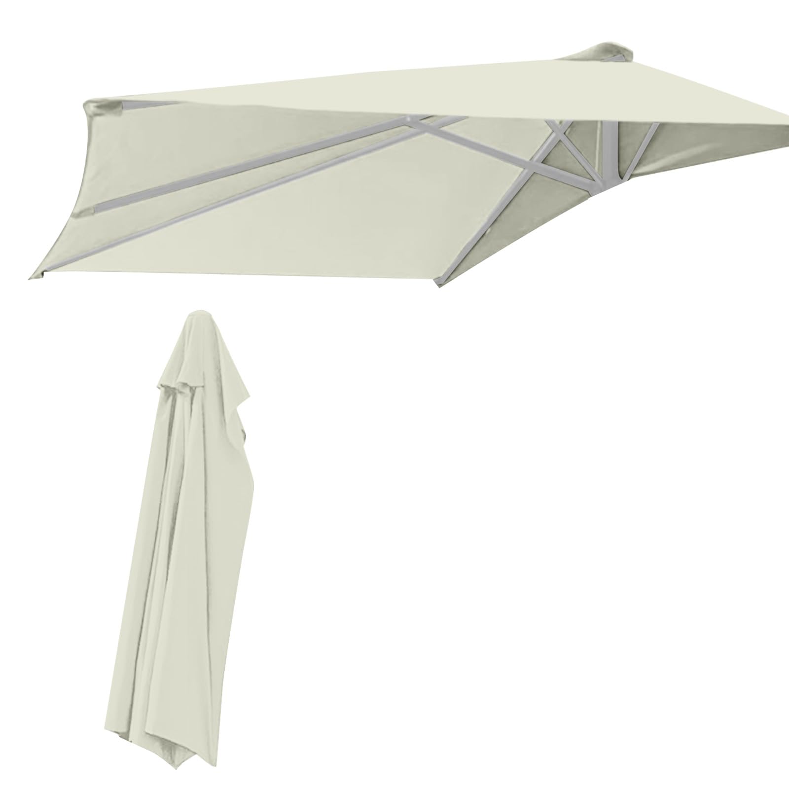 WingFly 9Ft Half Umbrella Replacement Parasol Canopy, 5 Ribs Semi-Circular Garden Parasol, Half Round Replacement Top Cloth Sunshade Cover for Garden Patio Wall Fence (Beige)