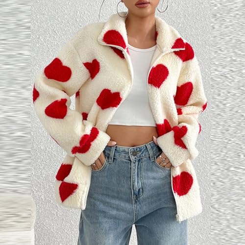 Valentinstag Damen Fleecejacke Fashion Herzen Drucken Plüschjacke Winter Langarm Reißverschluss Verdicken Bequem Oberbekleidung mit Taschen