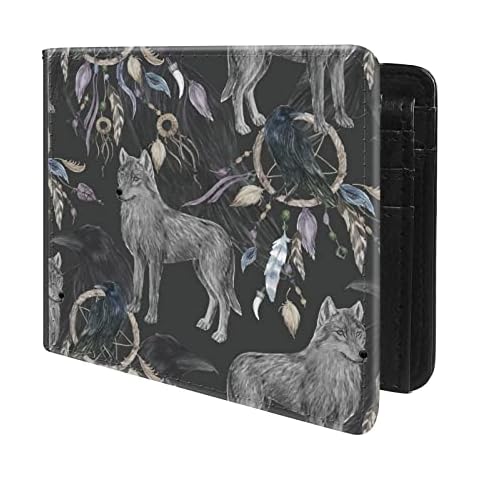 Trofung (Wolf, Crow And Native American Indian Tribal Dreamcatcher Front Pocket Slim Bifold Leather Wallet RFID Blocking with ID Window for Men Cover