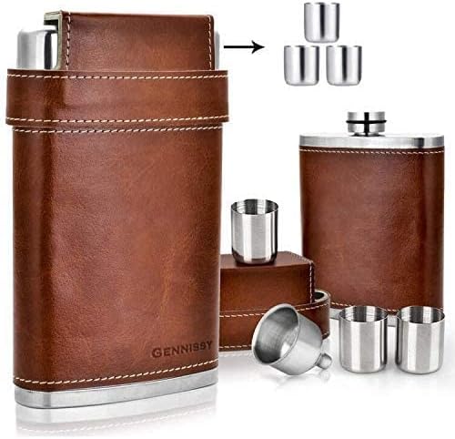 GENNISSY 8oz Hip Flask for Men - 304(18/8) Stainless Steel Bourbon Whiskey Flask, Leakproof with Brown Leather Wrap - Includes Funnel & 3 Mini Cups for Dad, Gifts, Travel - Image 7