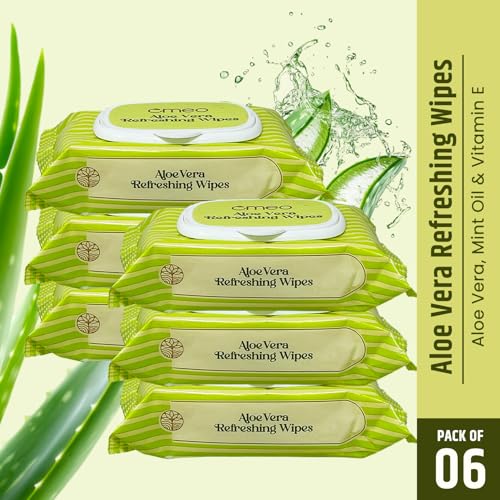 Image of Omeo Aloe Vera Refreshing & Hydrating Wet Wipes, 25N in Each (Pack of 6) | Face Cleansing, Makeup Remover Wipes with Mint Oil & Vitamin E | Sulphate, Paraben & Alcohol Free - Women and Men