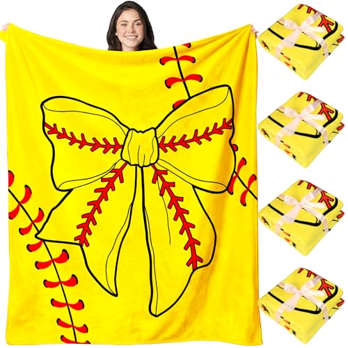 Hillsuren 4 Pcs Softball Bow Blanket 50 x 60 Coquettish Softball Sports Throw Blanket Bow Stuff Team Gifts for Ball Lovers Players Home Decor Halloween Christmas Thanksgiving Gift