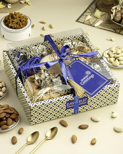Image of Hyperfoods Rakhi Hamper for Brother Rawfruit's Handcrafted Potli Blue with Thali Roli & Rice Dry Fruits Pack of 4 Almond Cashew Raisins Pistachios 495 Gr Rakhi with DryFruits