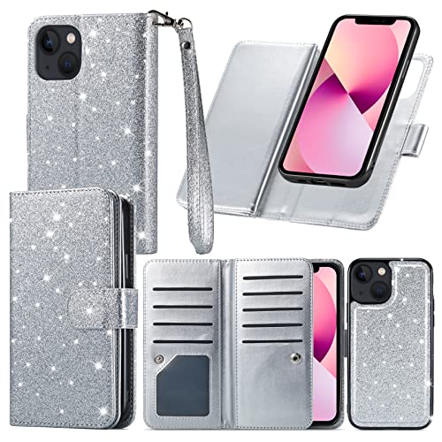 Varikke for iPhone 13 Wallet Case, Detachable Magnetic Flip Cases Fits iPhone 13 Wallet Case for Women Men with Card Holder & Kickstand & Wristlet, Glitter PU Leather Cover for iPhone 13 6.1
